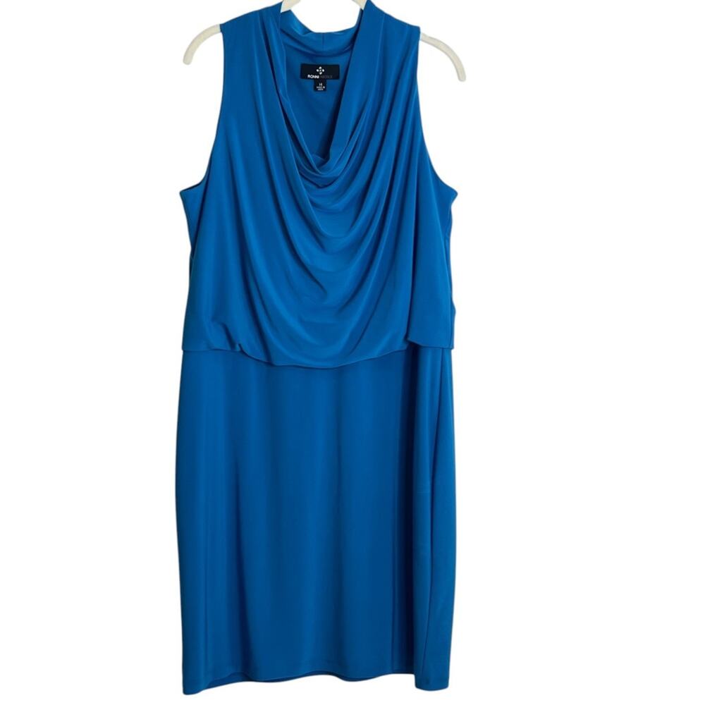 Ronni Nicole Cowl Neck Blouson Dress Size 14 Blue Sleeveless Stretch Knit